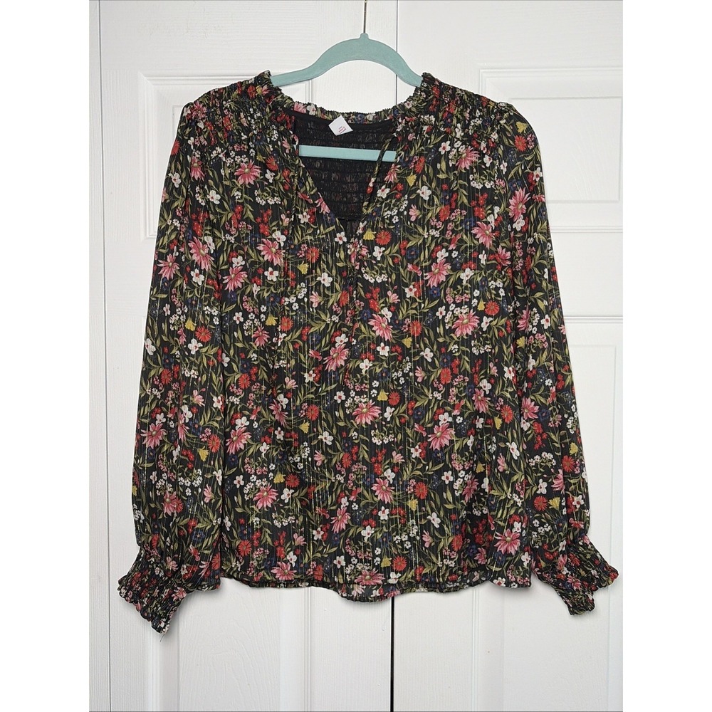 Old Navy Floral Metallic Lurex Smocked Womens Size M Black Boho Peasant Top
